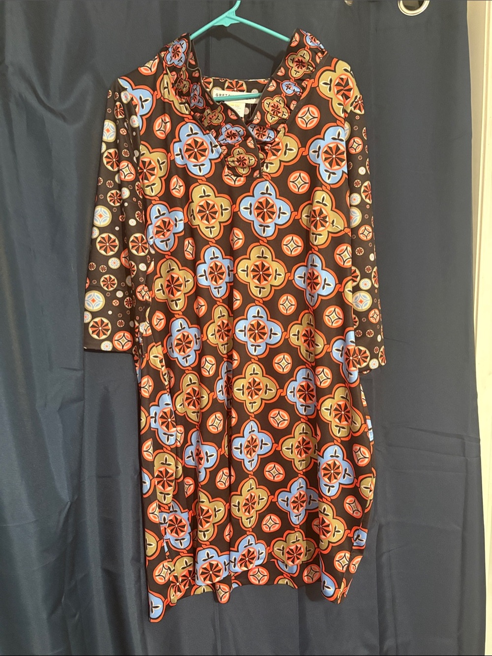 Gretchen Scott Designs Black Shift Dress with Orange and Blue Geometric Print